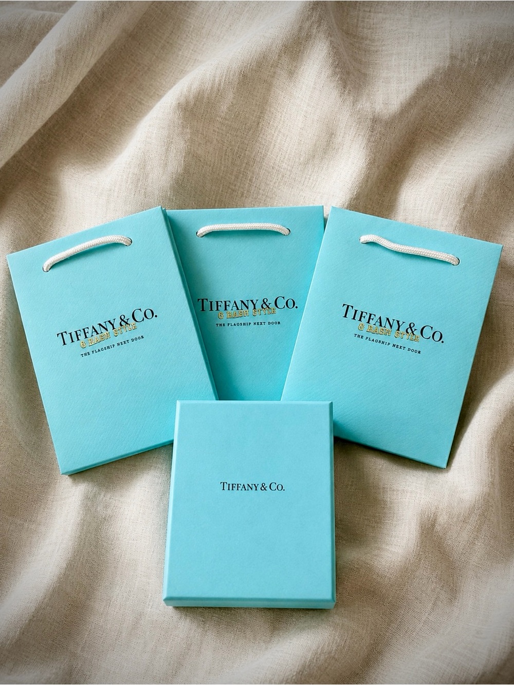 Tiffany & Co. 3 Mini Shopping Bags + Empty Gift Box | Blue Packaging | 4 Pc Set